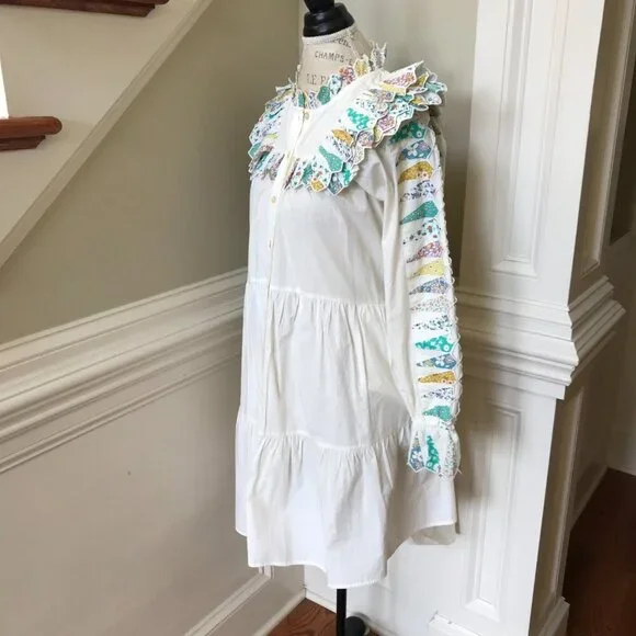 Sea NY Linden Patchwork Dress Womens XS Cream Blue Long Sleeve Ruffle Cotton - Picture 9 of 13